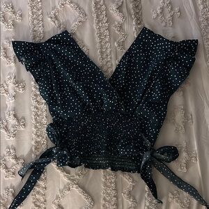 Green Ruffled Smocked Blouse with Tie Front